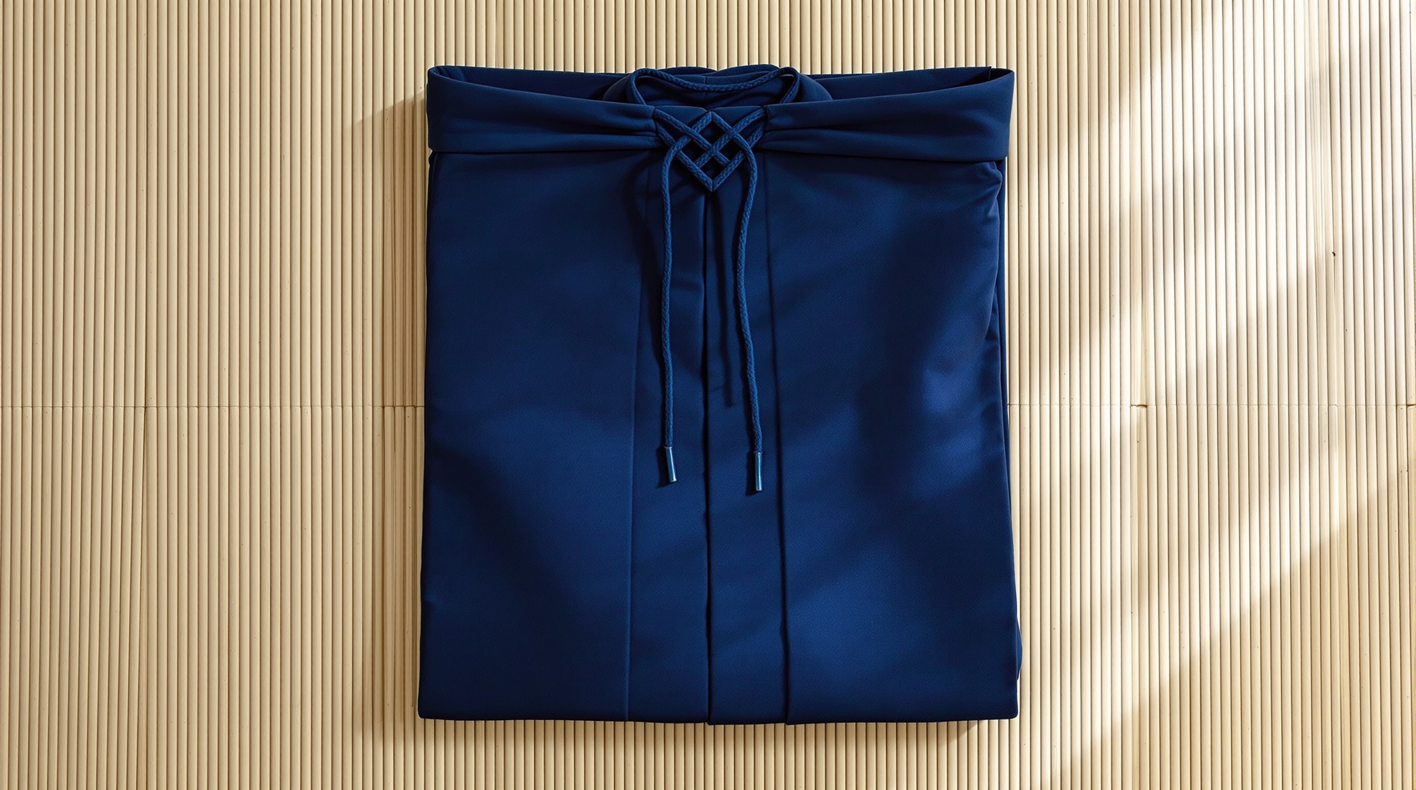 A neatly folded indigo hakama with seven crisp pleats and its cords arranged in a diamond, top-down